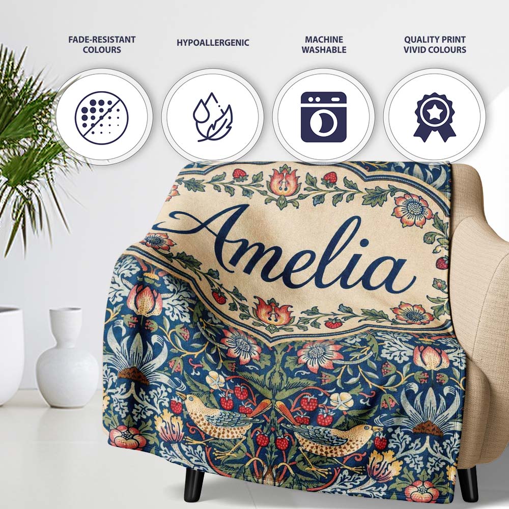 Vintage Floral Birds Strawberry Seamless Pattern Classic Garden Personalised Custom Name Super Soft Fleece Blanket Bed Sofa Throw