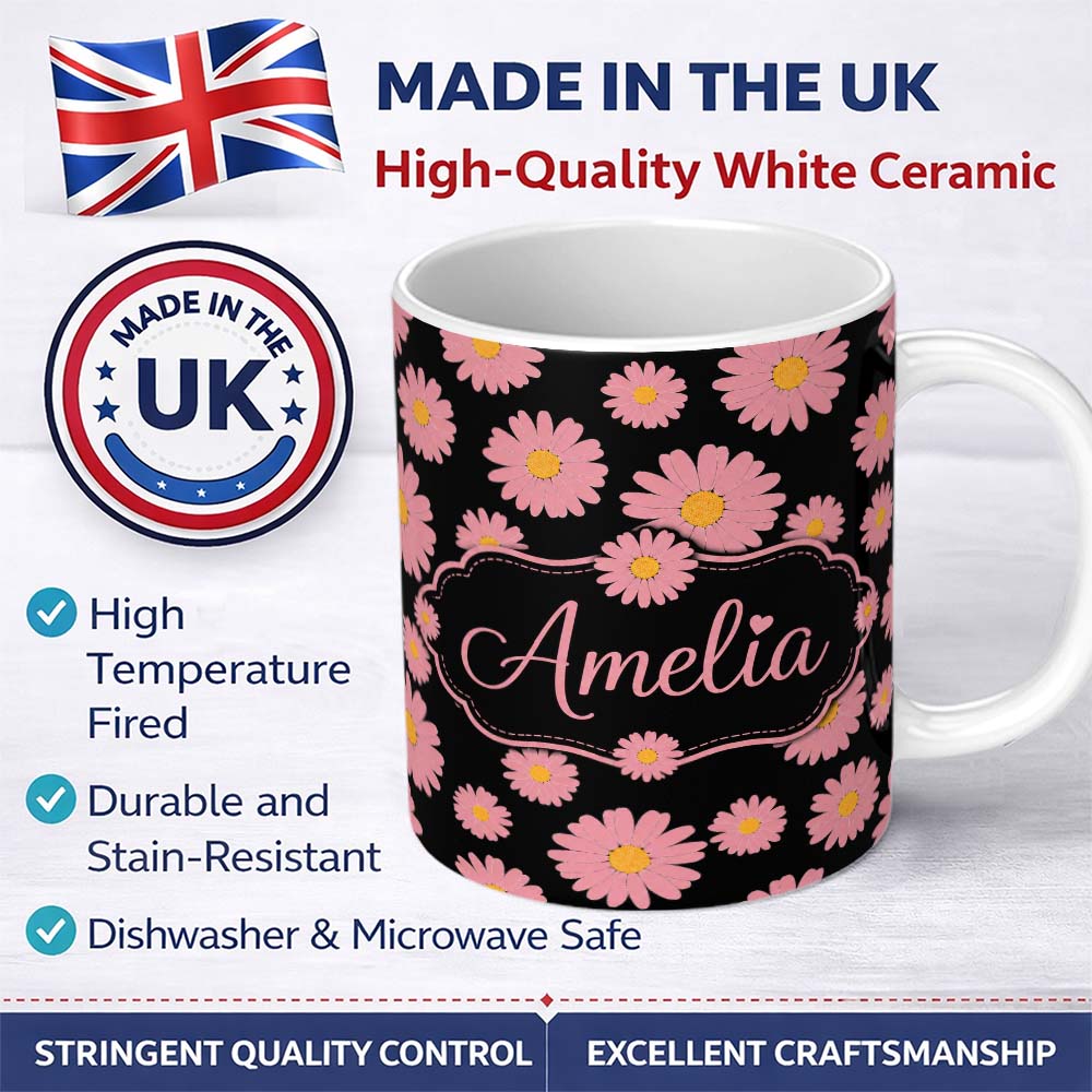 Personalized Custom Name Pink Daisy Floral Seamless Pattern on Light Background Lovely 11oz Ceramic Coffee Tea Mug White Large Handle