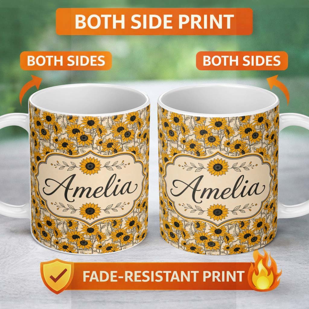 Personalized Custom Name Sunflower Floral Seamless Pattern Bold Yellow Botanical Garden 11oz Ceramic Coffee Tea Mug White Large Handle