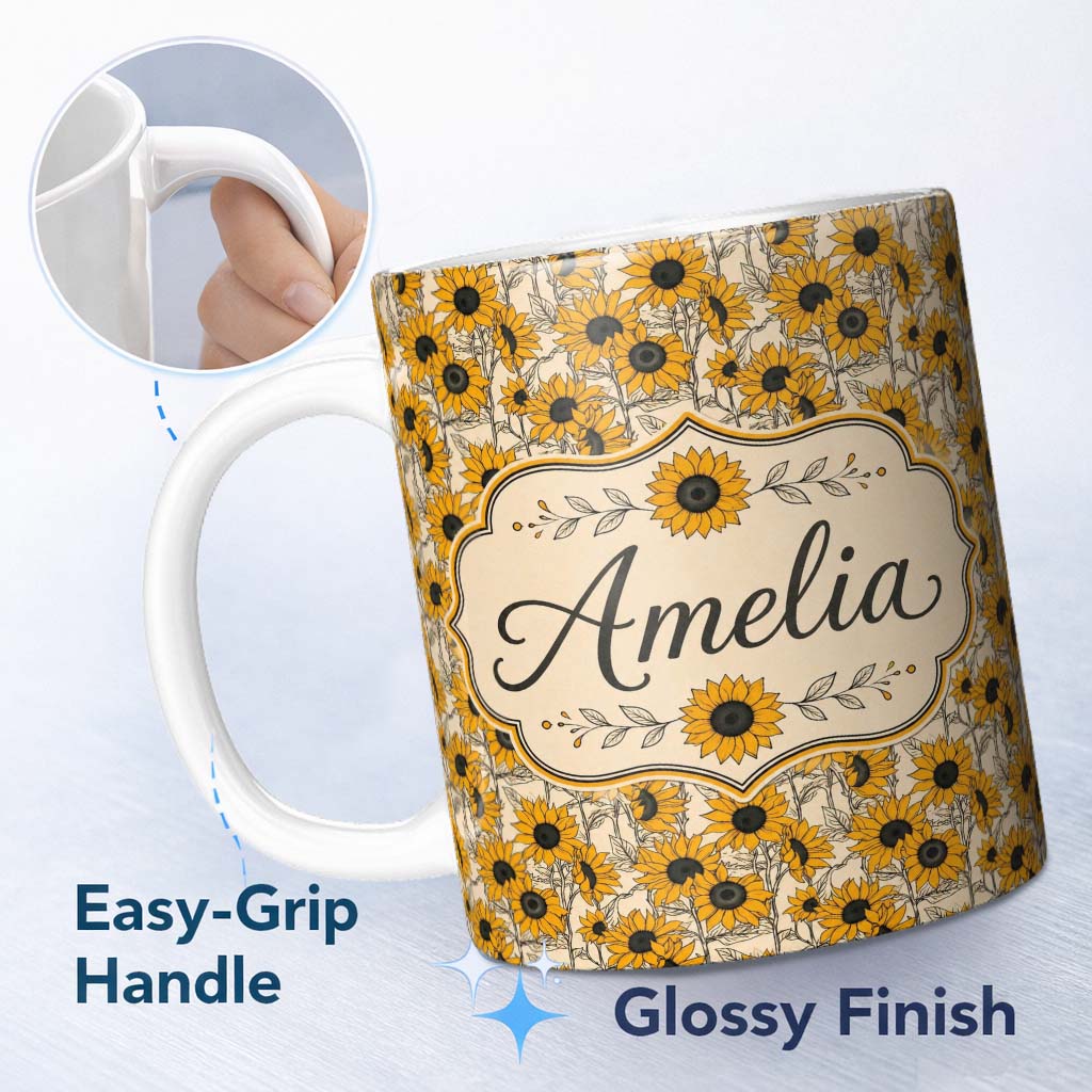 Personalized Custom Name Sunflower Floral Seamless Pattern Bold Yellow Botanical Garden 11oz Ceramic Coffee Tea Mug White Large Handle