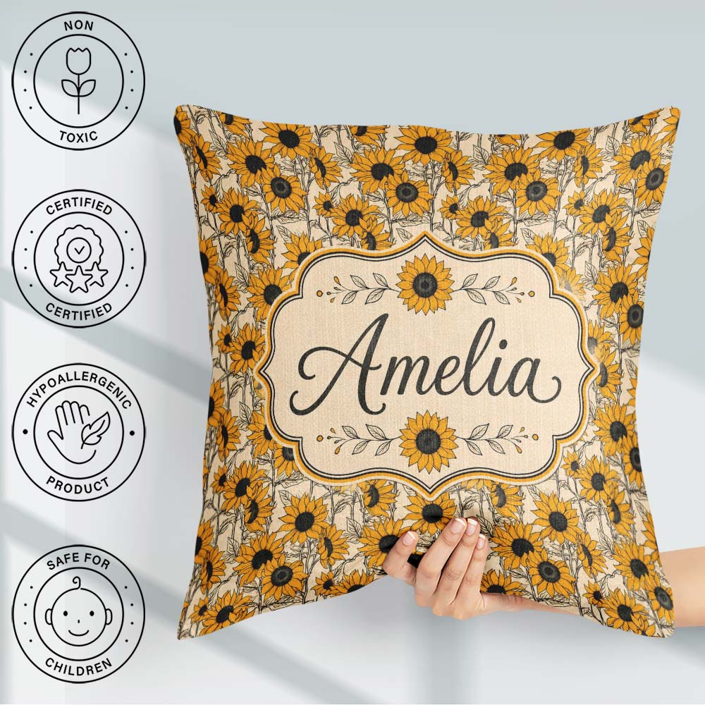 Custom Name Sunflower Floral Seamless Pattern Bold Yellow Garden Square Filled Cushion Throw Pillow Sofa Bed Home Decor Zip Washable UK Made