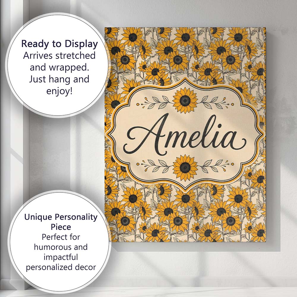 Personalised Name Sunflower Floral Seamless Custom Bespoke Interior Contemporary Canvas Wall Art Print Decor Picture Ready to Hang
