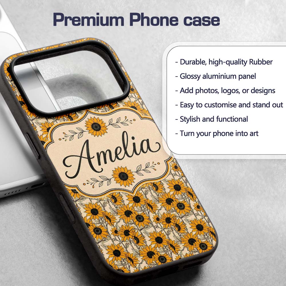 Sunflower Floral Seamless Pattern Bold Yellow Custom Name Protective Phone Case Mobile Cover Durable Everyday Smartphone Shock Resistant