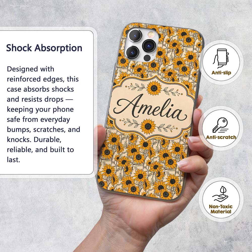 Sunflower Floral Seamless Pattern Bold Yellow Custom Name Protective Phone Case Mobile Cover Durable Everyday Smartphone Shock Resistant