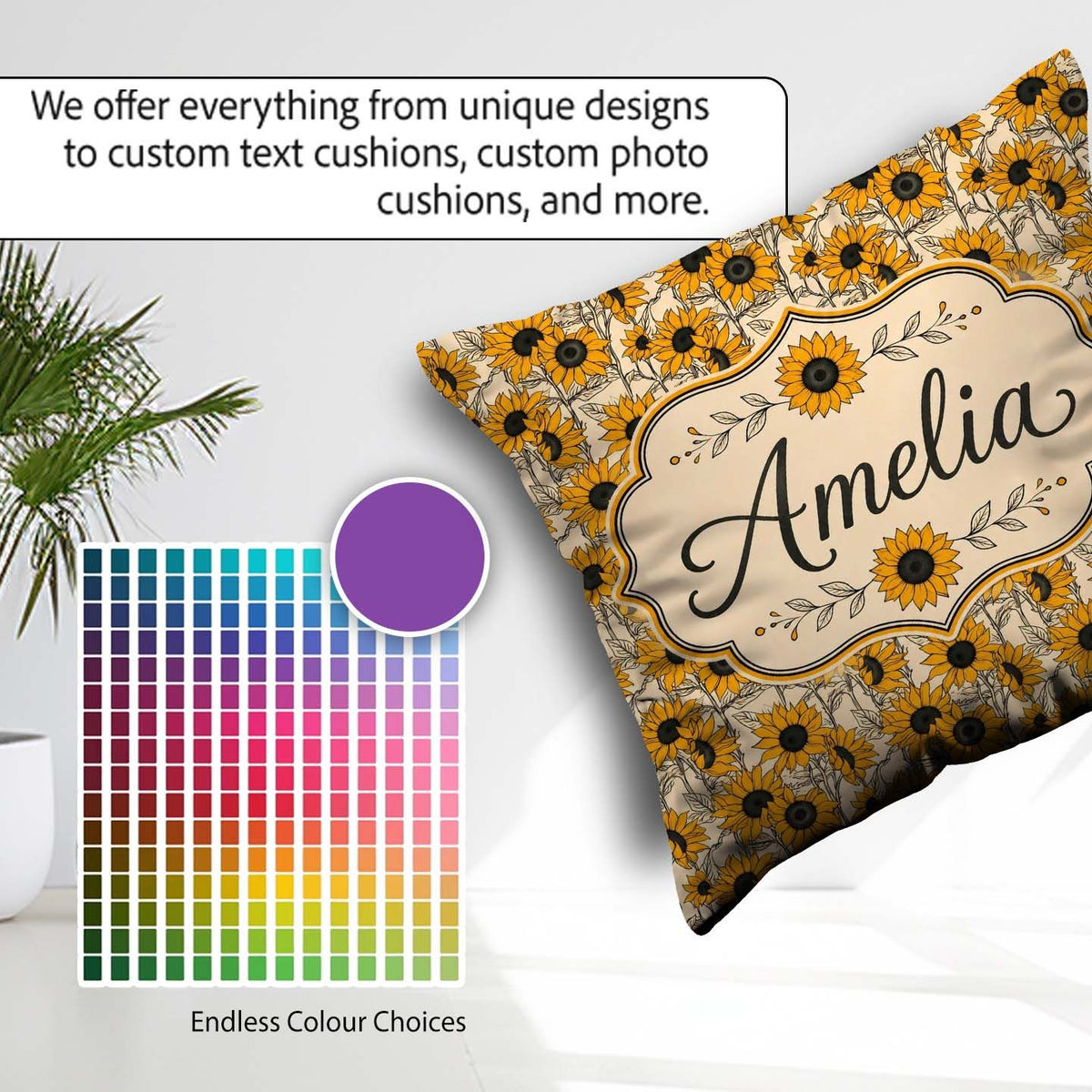Custom Name Sunflower Floral Seamless Pattern Bold Yellow Garden Square Filled Cushion Throw Pillow Sofa Bed Home Decor Zip Washable UK Made
