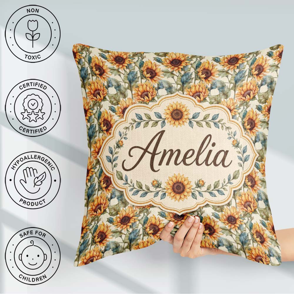 Custom Name Watercolour Sunflower Floral Seamless Soft Botanical Square Filled Cushion Throw Pillow Sofa Bed Home Decor Zip Washable UK Made