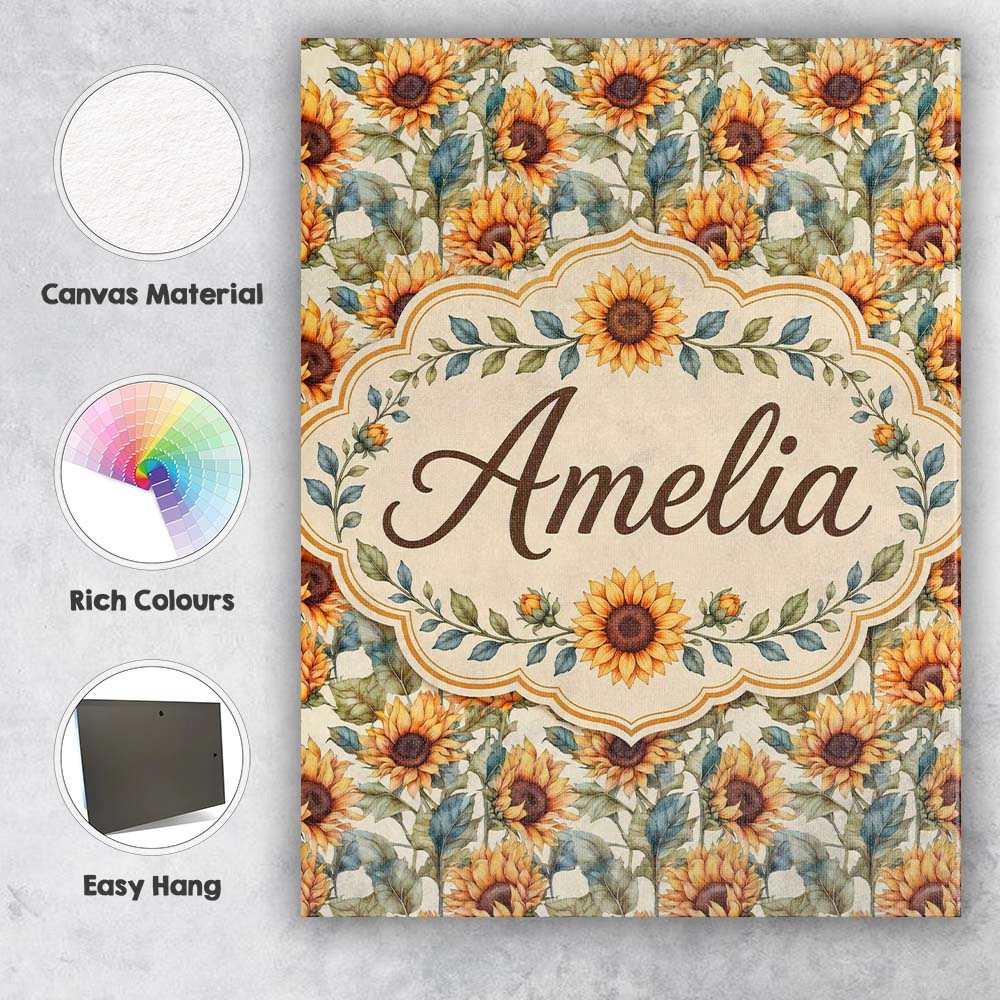 Personalised Name Watercolour Sunflower Custom Modern Room Accent Elegant Feature Canvas Wall Art Print Decor Picture Ready to Hang