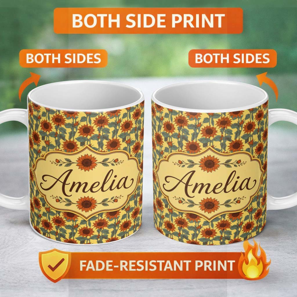 Personalized Custom Name Retro Orange Sunflower Floral Seamless Pattern Vintage Botanical 11oz Ceramic Coffee Tea Mug White Large Handle