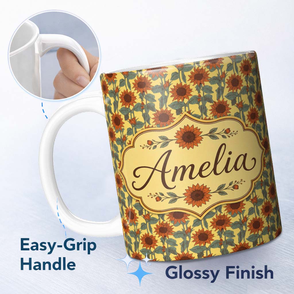 Personalized Custom Name Retro Orange Sunflower Floral Seamless Pattern Vintage Botanical 11oz Ceramic Coffee Tea Mug White Large Handle