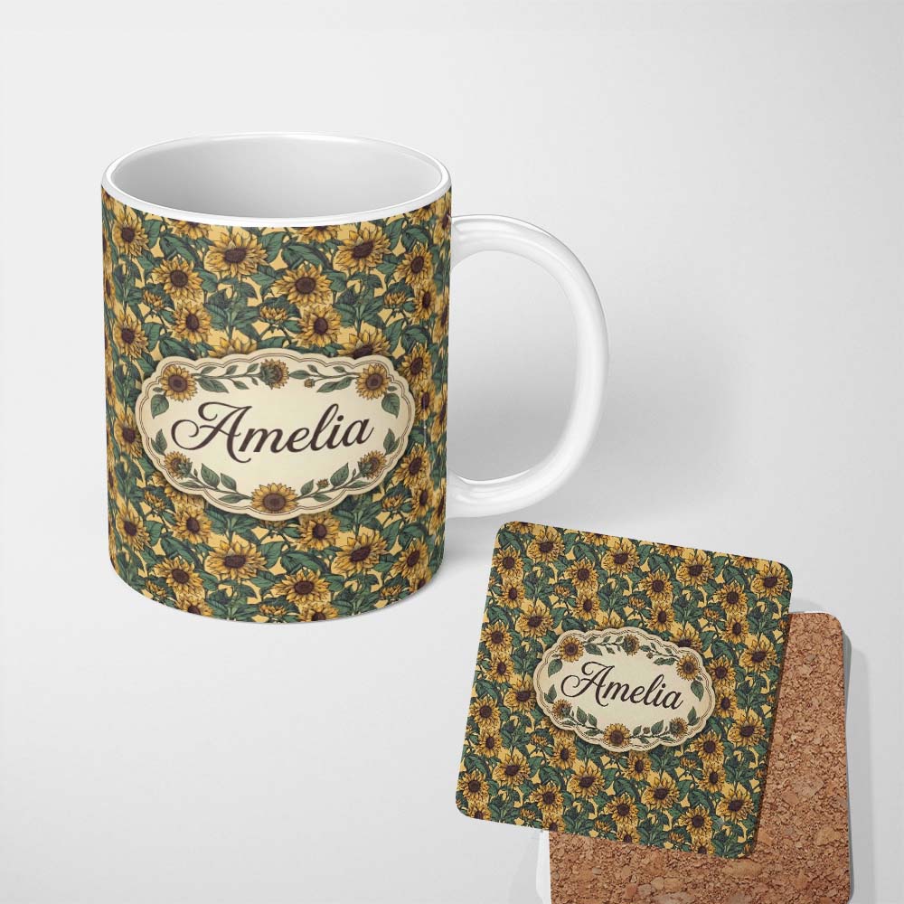 Personalized Custom Name Yellow Sunflower Floral Seamless Pattern Classic Botanical Garden 11oz Ceramic Coffee Tea Mug White Large Handle