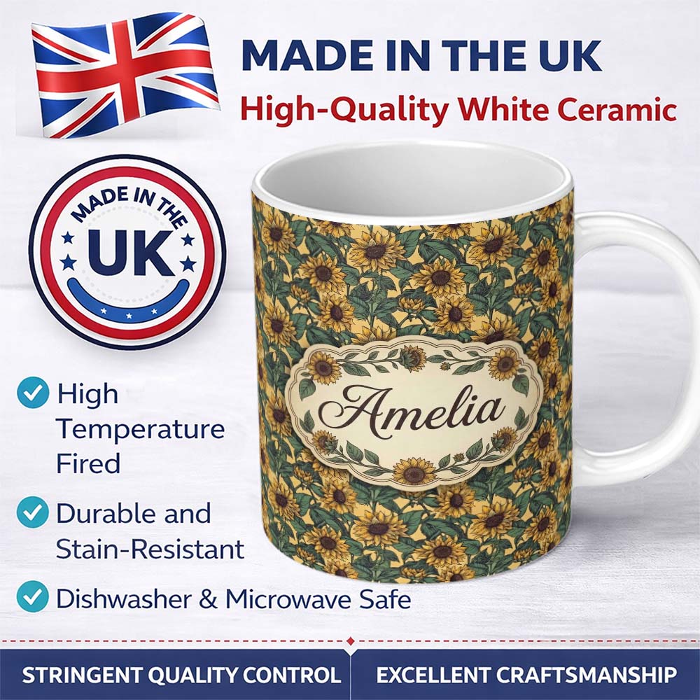 Personalized Custom Name Yellow Sunflower Floral Seamless Pattern Classic Botanical Garden 11oz Ceramic Coffee Tea Mug White Large Handle