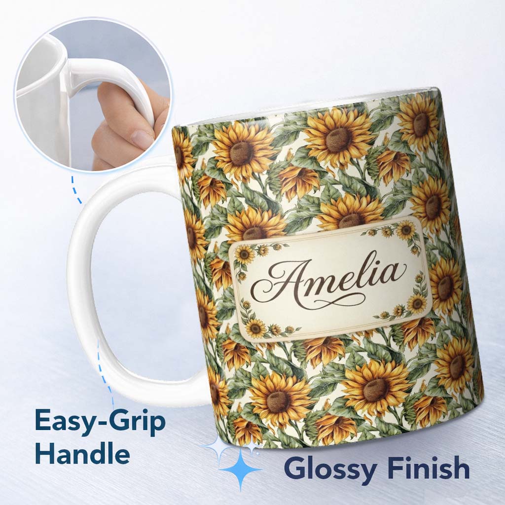 Personalized Custom Name Realistic Sunflower Floral Seamless Pattern Detailed Botanical 11oz Ceramic Coffee Tea Mug White Large Handle