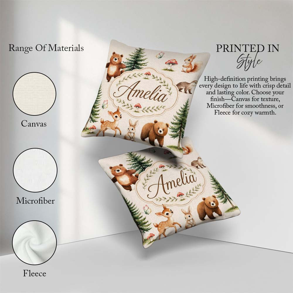 Custom Name Cute Woodland Forest Animals Bear Bunny Deer on Sage Square Filled Cushion Throw Pillow Sofa Bed Home Decor Zip Washable UK Made