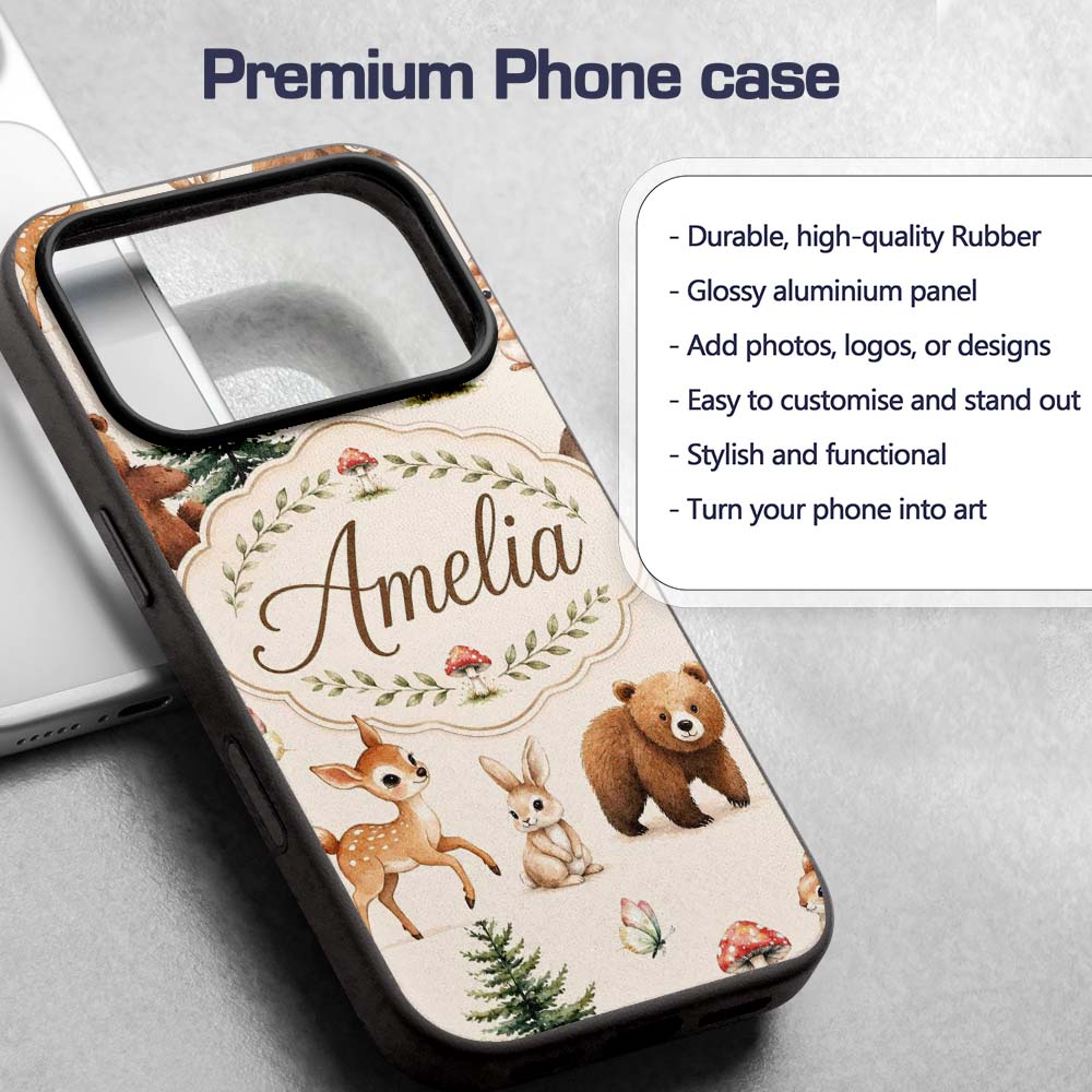 Cute Woodland Forest Animals Bear Bunny Deer on Custom Name Protective Phone Case Mobile Cover Durable Everyday Smartphone Shock Resistant