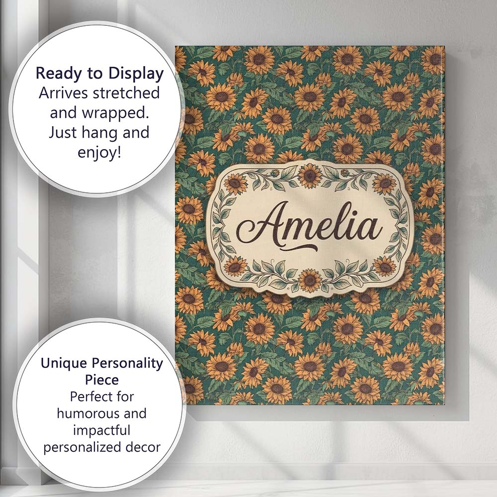 Personalised Name Dark Green Sunflower Custom Modern Room Accent Elegant Feature Canvas Wall Art Print Decor Picture Ready to Hang