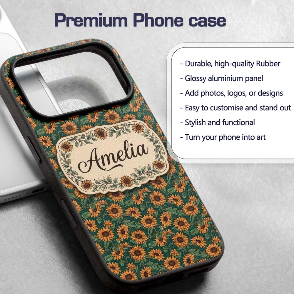 Dark Green Sunflower Floral Seamless Pattern Rich Custom Name Protective Phone Case Mobile Cover Durable Everyday Smartphone Shock Resistant