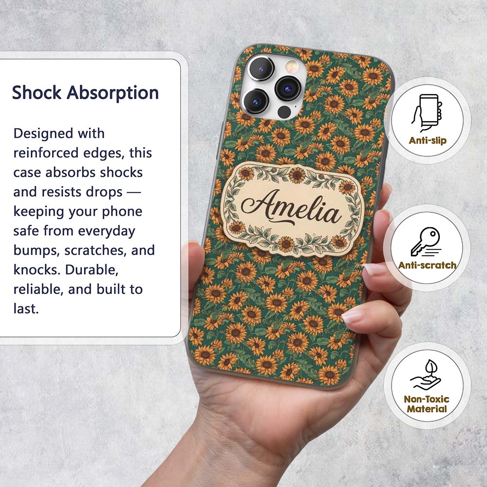 Dark Green Sunflower Floral Seamless Pattern Rich Custom Name Protective Phone Case Mobile Cover Durable Everyday Smartphone Shock Resistant