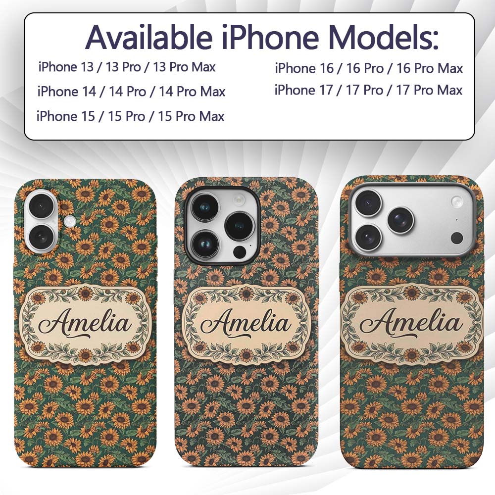 Dark Green Sunflower Floral Seamless Pattern Rich Custom Name Protective Phone Case Mobile Cover Durable Everyday Smartphone Shock Resistant