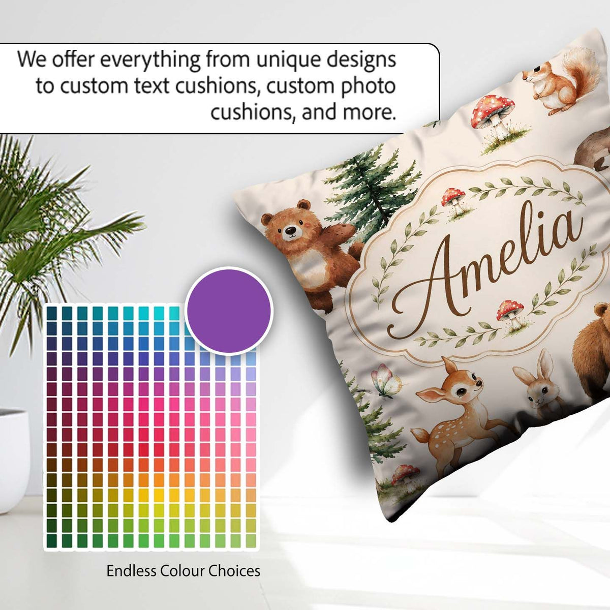 Custom Name Cute Woodland Forest Animals Bear Bunny Deer on Sage Square Filled Cushion Throw Pillow Sofa Bed Home Decor Zip Washable UK Made