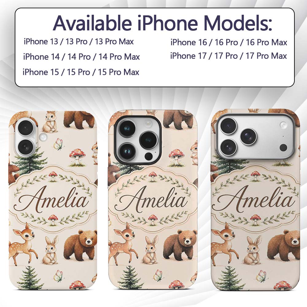 Cute Woodland Forest Animals Bear Bunny Deer on Custom Name Protective Phone Case Mobile Cover Durable Everyday Smartphone Shock Resistant