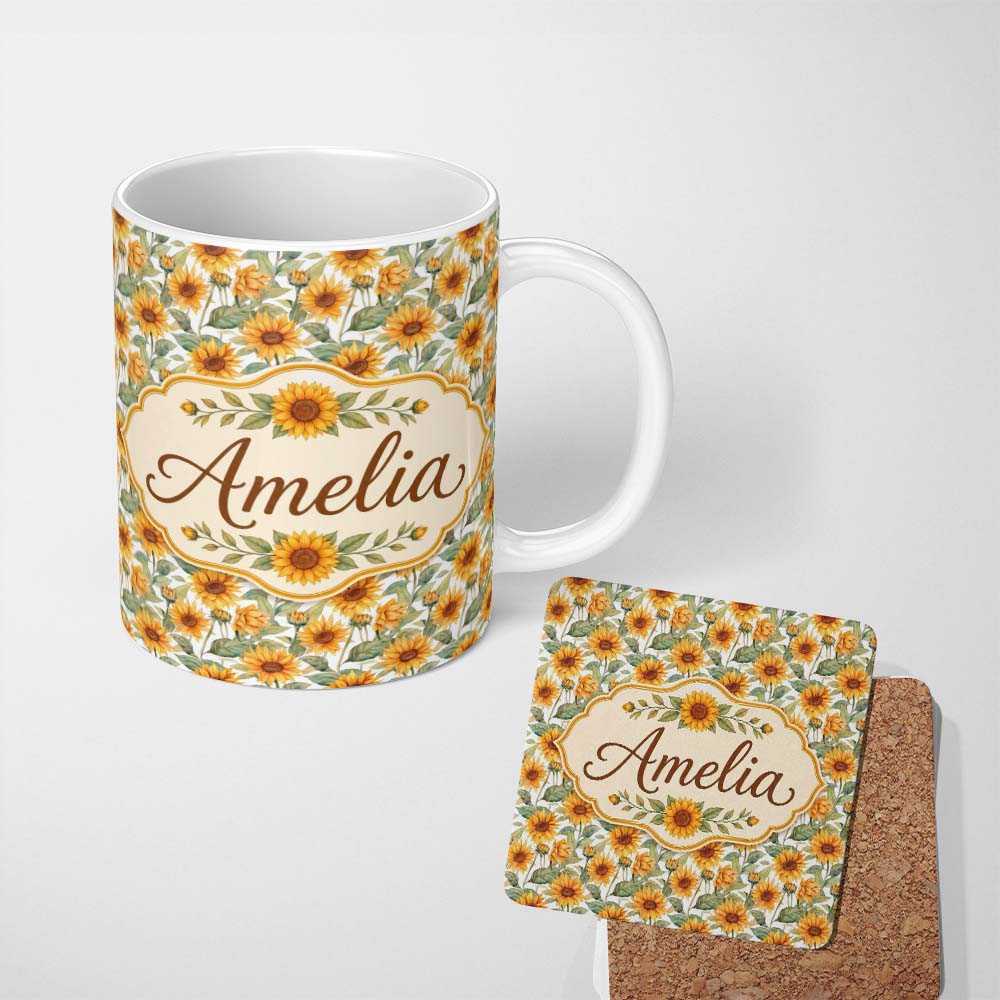 Personalized Custom Name Soft Yellow Sunflower Floral Seamless Pattern Light Botanical 11oz Ceramic Coffee Tea Mug White Large Handle