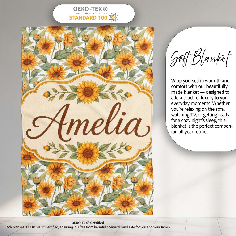 Soft Yellow Sunflower Floral Seamless Pattern Light Botanical Personalised Custom Name Super Soft Fleece Blanket Bed Sofa Throw