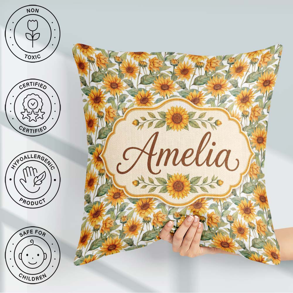 Custom Name Soft Yellow Sunflower Floral Pattern Light Botanical Square Filled Cushion Throw Pillow Sofa Bed Home Decor Zip Washable UK Made