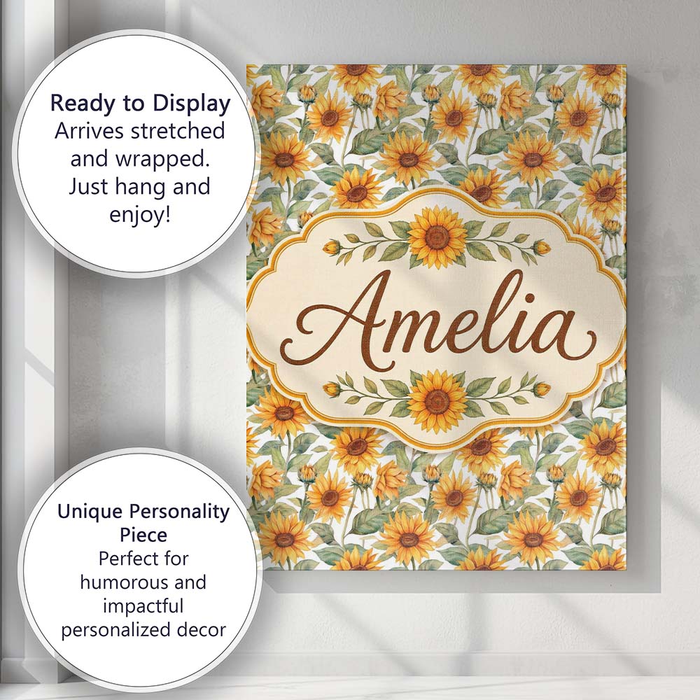 Personalised Name Soft Yellow Sunflower Custom Modern Room Accent Elegant Feature Canvas Wall Art Print Decor Picture Ready to Hang