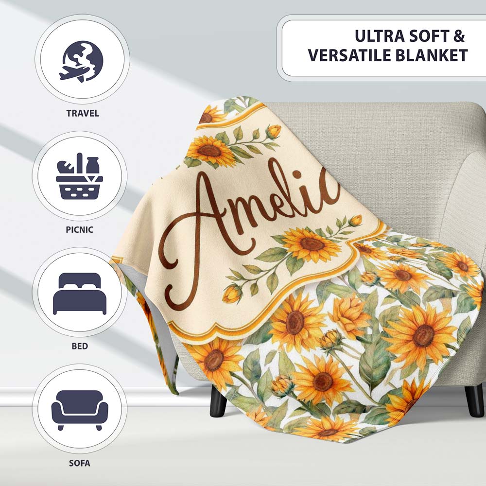 Soft Yellow Sunflower Floral Seamless Pattern Light Botanical Personalised Custom Name Super Soft Fleece Blanket Bed Sofa Throw