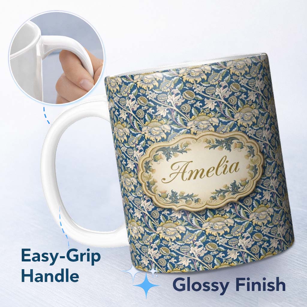 Personalized Custom Name Vintage Blue Floral Leaf Seamless Pattern Classic Botanical Garden 11oz Ceramic Coffee Tea Mug White Large Handle