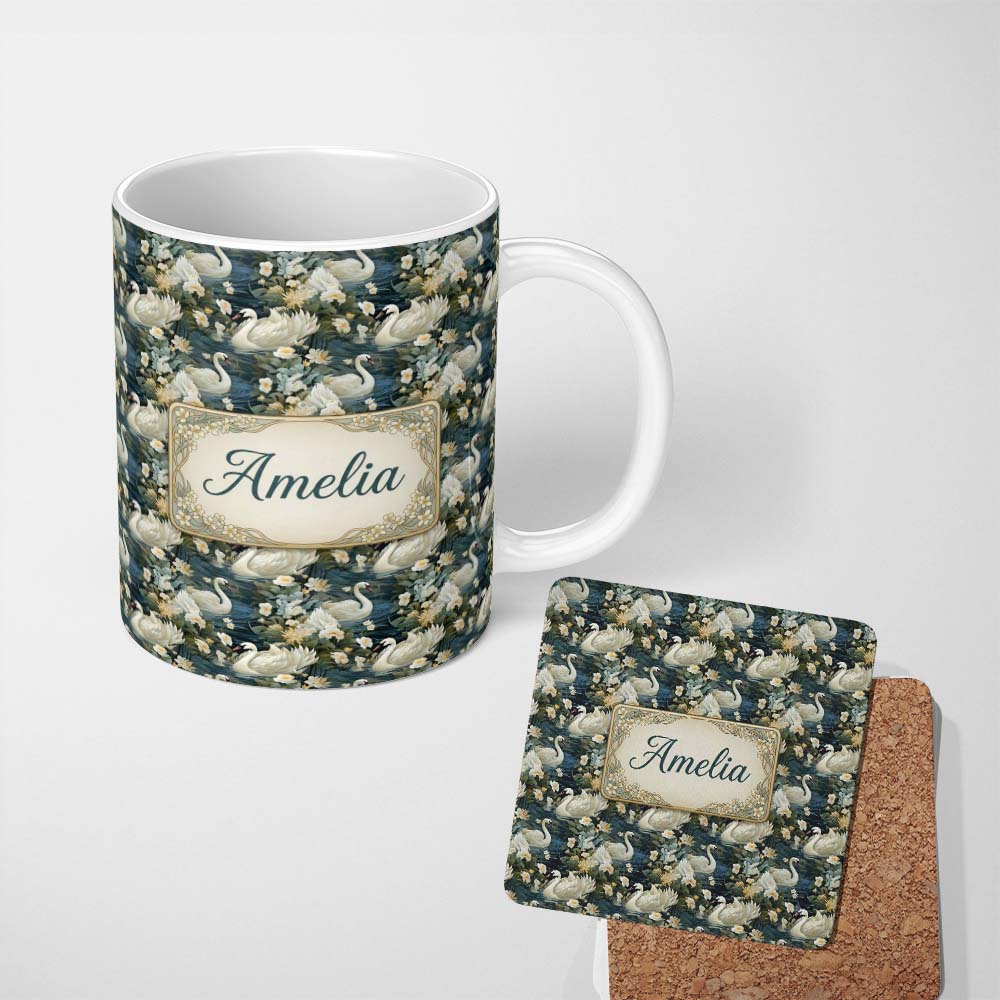 Personalized Custom Name Elegant White Swan Floral Lake Seamless Pattern Vintage Nature 11oz Ceramic Coffee Tea Mug White Large Handle