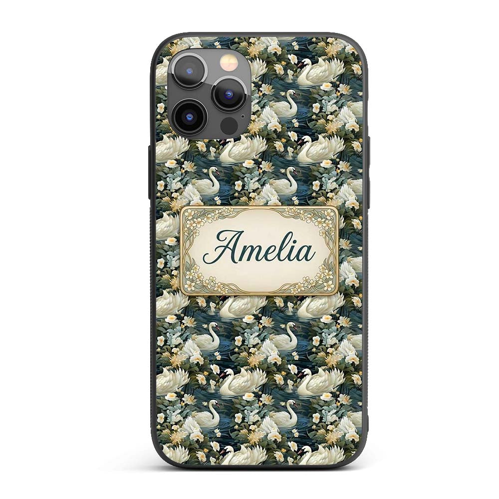 Elegant White Swan Floral Lake Seamless Pattern Custom Name Protective Phone Case Mobile Cover Durable Everyday Smartphone Shock Resistant