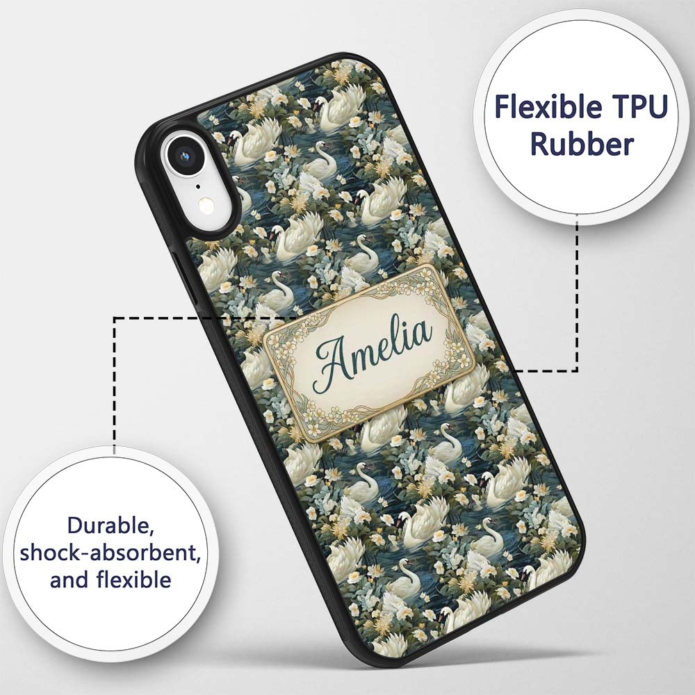 Elegant White Swan Floral Lake Seamless Pattern Custom Name Protective Phone Case Mobile Cover Durable Everyday Smartphone Shock Resistant
