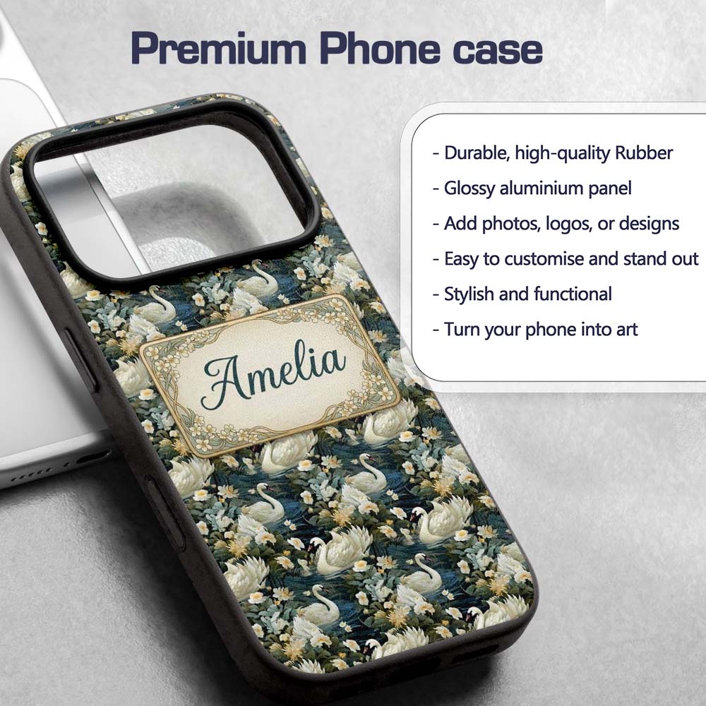 Elegant White Swan Floral Lake Seamless Pattern Custom Name Protective Phone Case Mobile Cover Durable Everyday Smartphone Shock Resistant