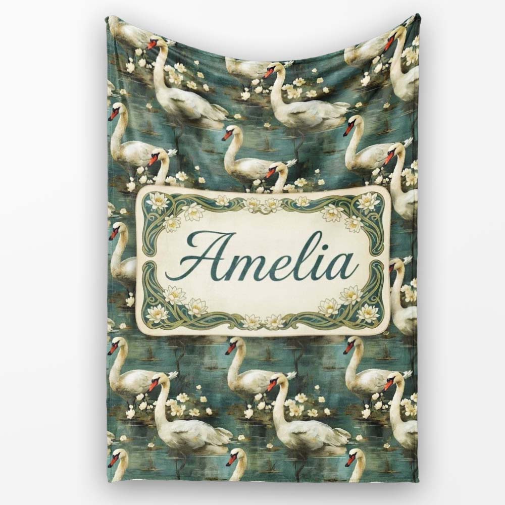 Graceful Swan Lake Floral Seamless Pattern Classic Botanical Water Personalised Custom Name Super Soft Fleece Blanket Bed Sofa Throw