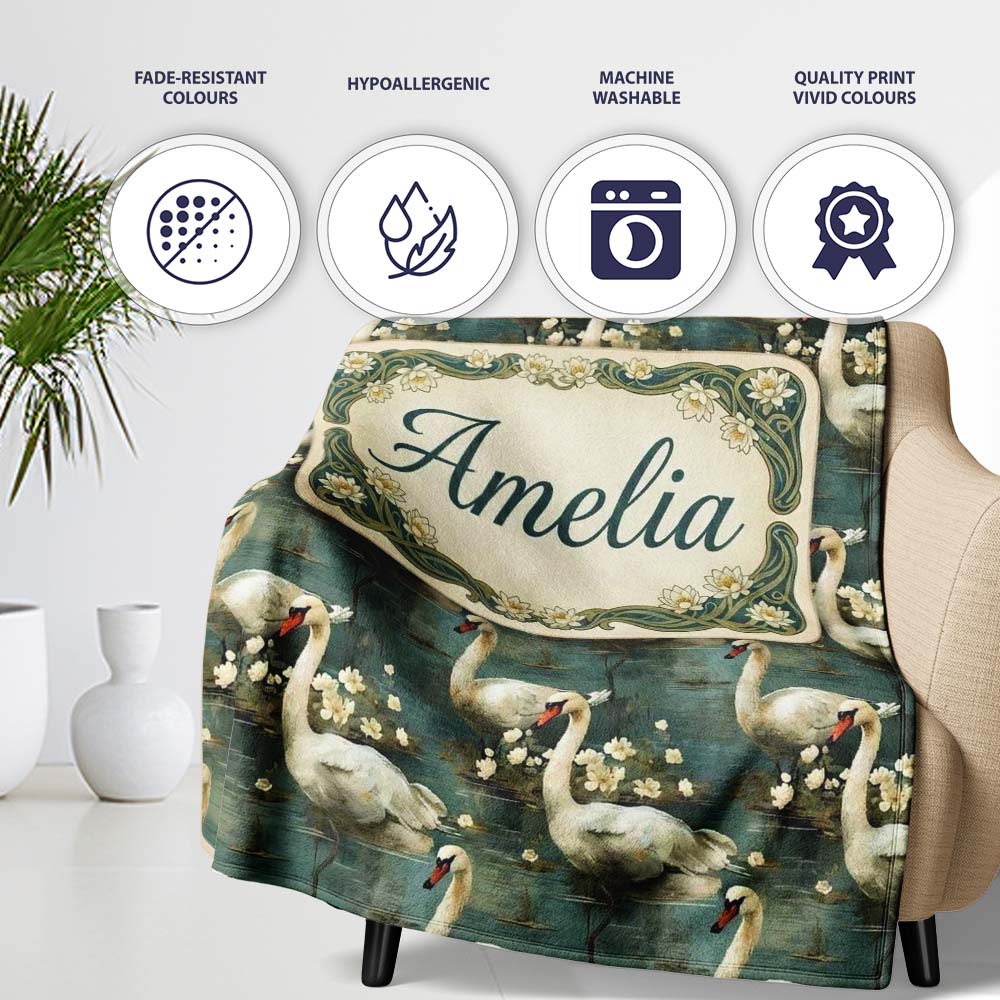 Graceful Swan Lake Floral Seamless Pattern Classic Botanical Water Personalised Custom Name Super Soft Fleece Blanket Bed Sofa Throw