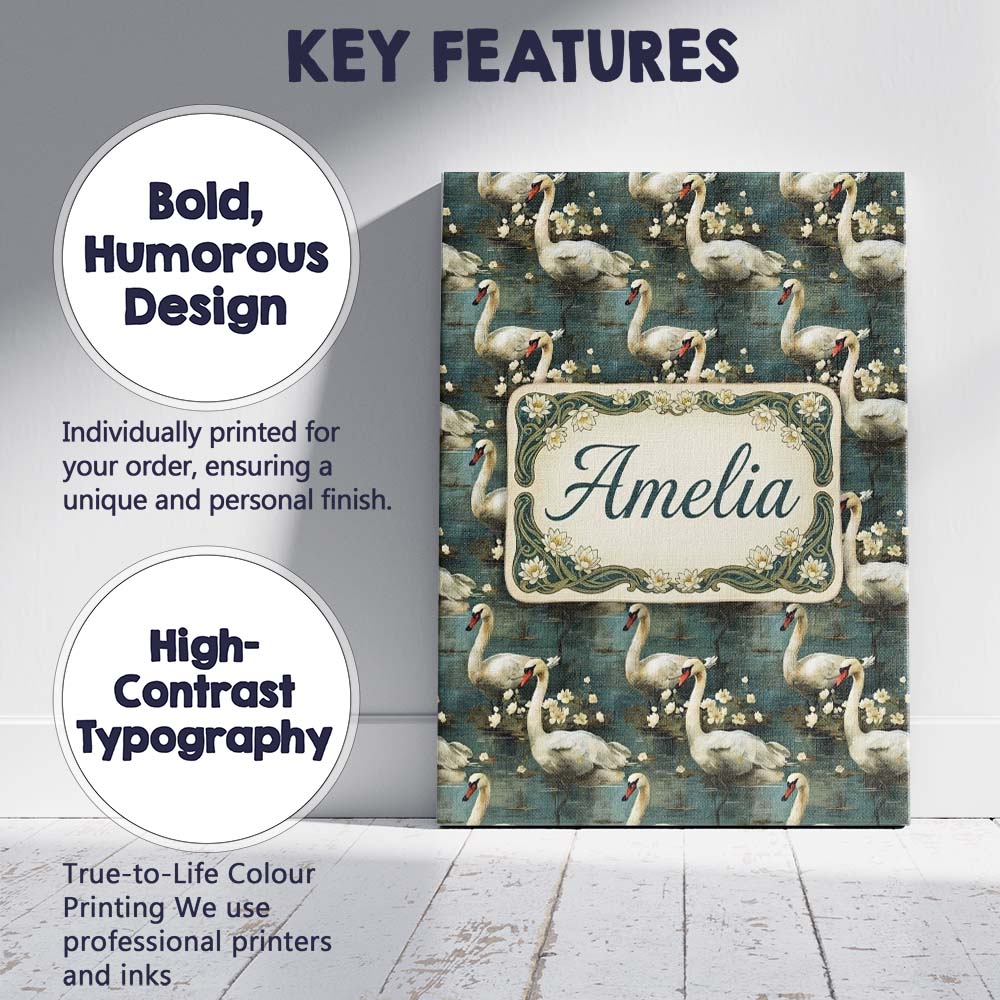 Personalised Name Graceful Swan Lake Floral Custom Bespoke Interior Contemporary Canvas Wall Art Print Decor Picture Ready to Hang