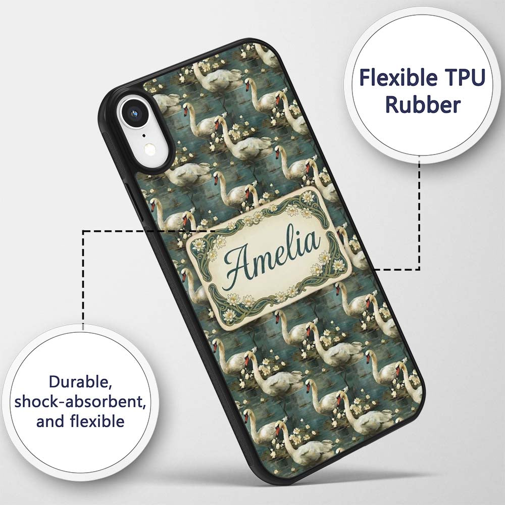 Graceful Swan Lake Floral Seamless Printed Design Custom Name Protective Phone Case Mobile Cover Durable Everyday Smartphone Shock Resistant