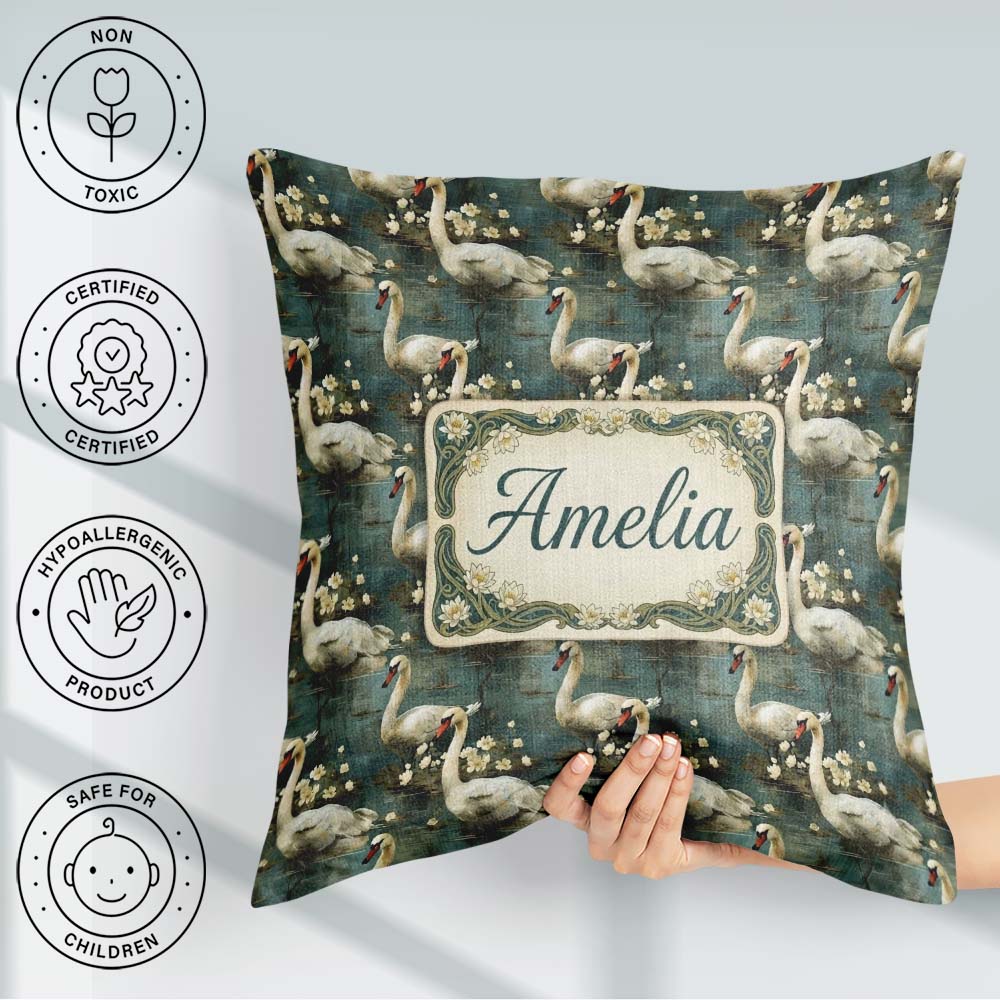 Custom Name Graceful Swan Lake Floral Seamless Pattern Botanical Square Filled Cushion Throw Pillow Sofa Bed Home Decor Zip Washable UK Made