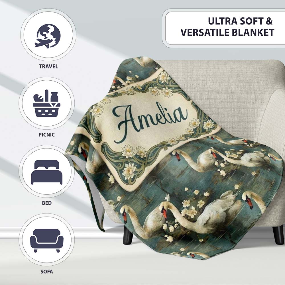 Graceful Swan Lake Floral Seamless Pattern Classic Botanical Water Personalised Custom Name Super Soft Fleece Blanket Bed Sofa Throw