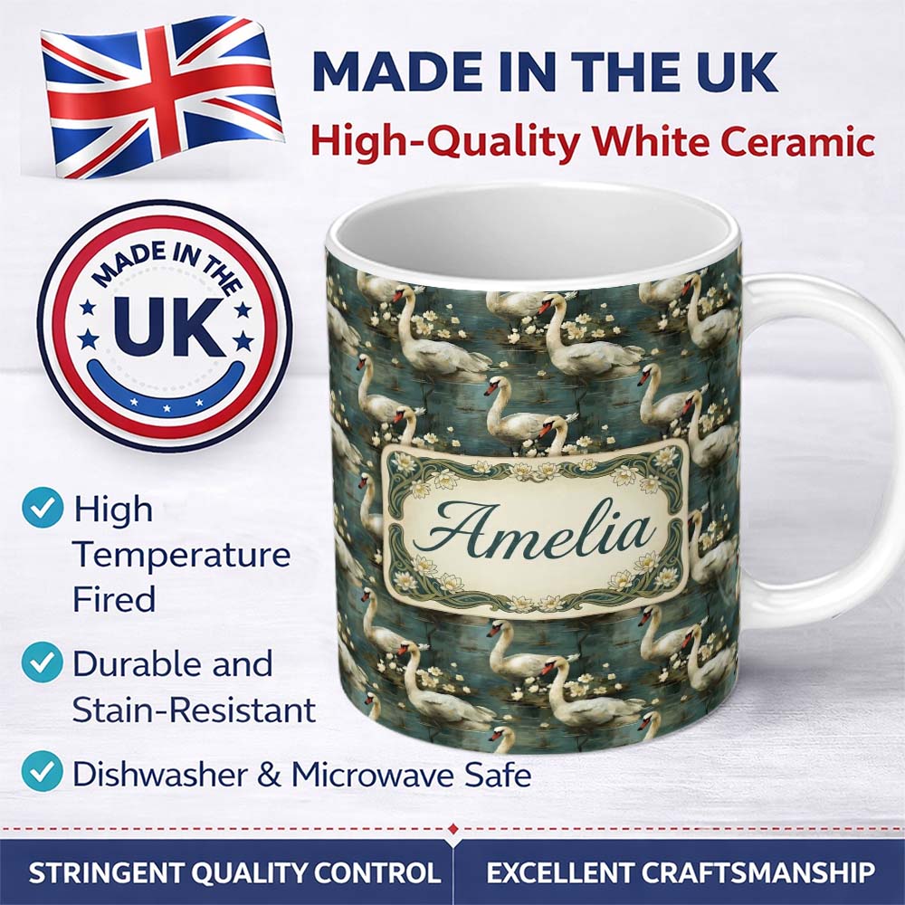 Personalized Custom Name Graceful Swan Lake Floral Seamless Pattern Classic Botanical Water 11oz Ceramic Coffee Tea Mug White Large Handle
