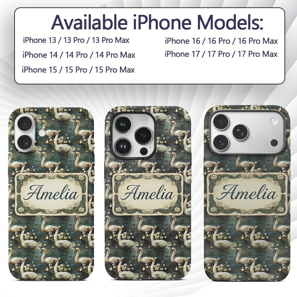 Graceful Swan Lake Floral Seamless Printed Design Custom Name Protective Phone Case Mobile Cover Durable Everyday Smartphone Shock Resistant