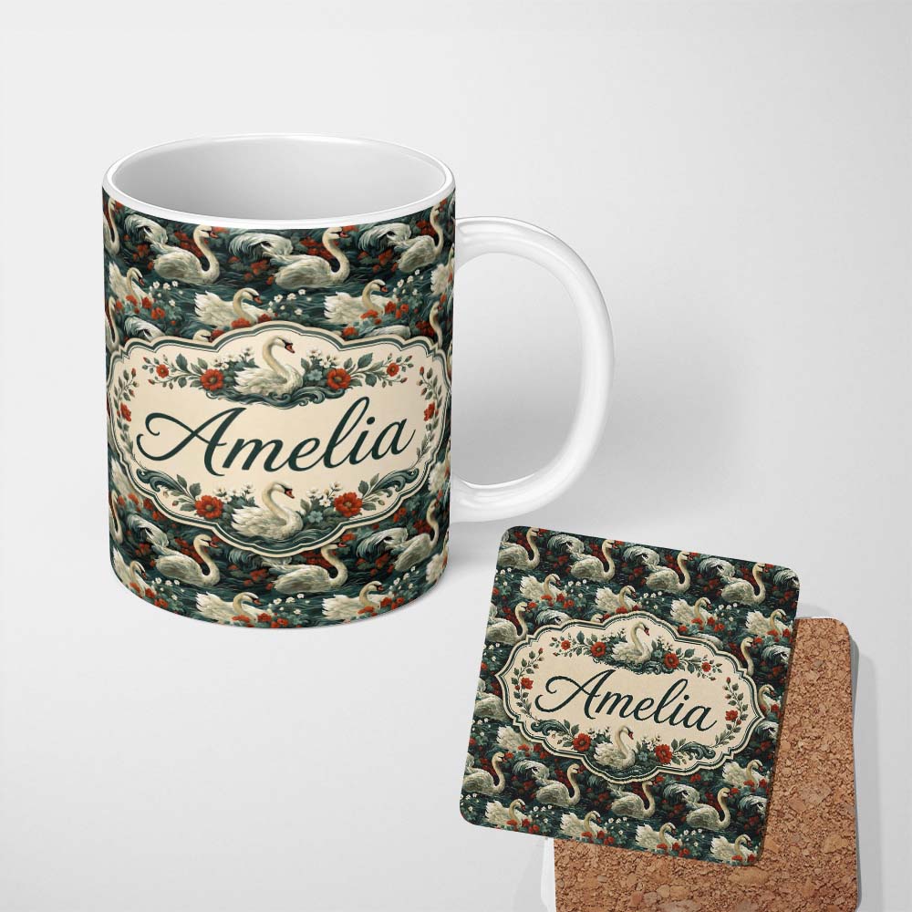 Personalized Custom Name Dark Swan Floral Water Garden Seamless Pattern Vintage Nature 11oz Ceramic Coffee Tea Mug White Large Handle
