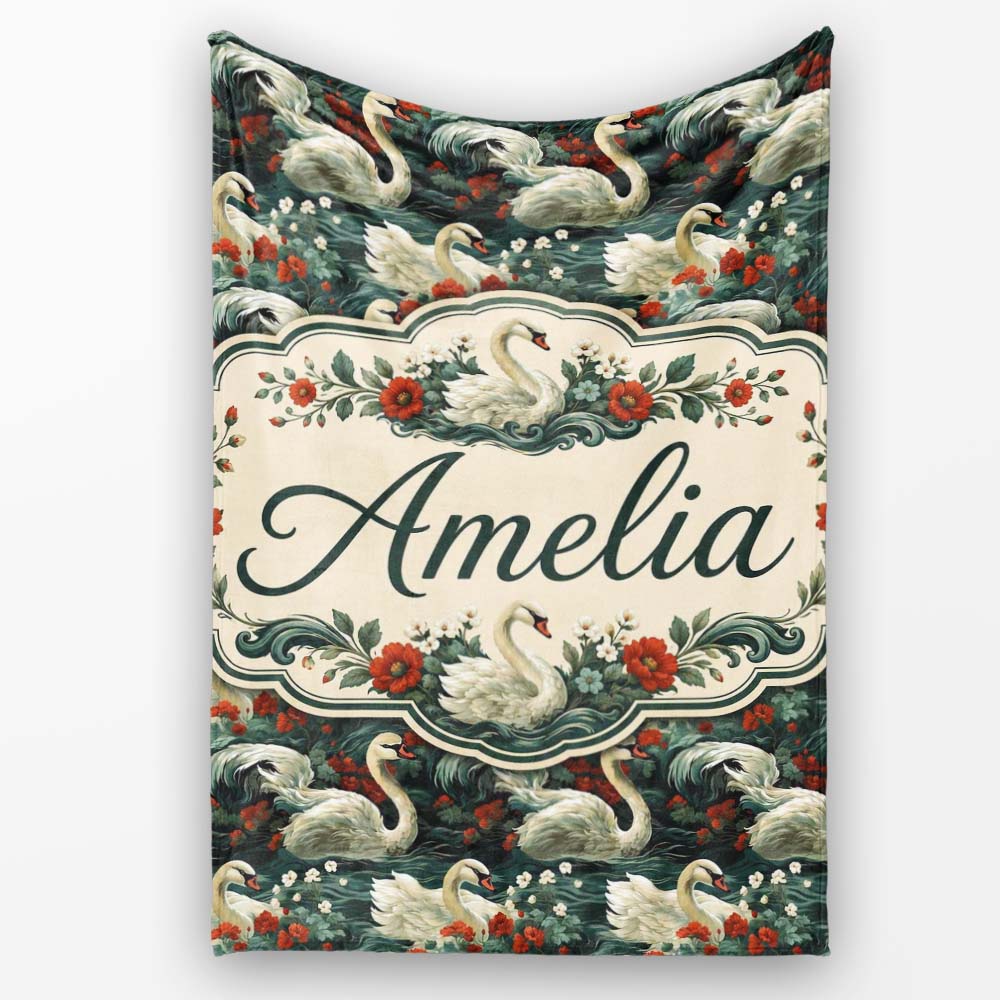 Dark Swan Floral Water Garden Seamless Pattern Vintage Nature Personalised Custom Name Super Soft Fleece Blanket Bed Sofa Throw