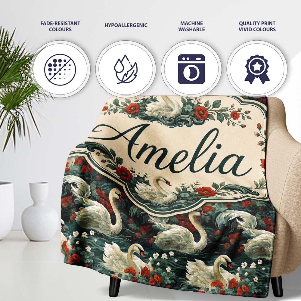 Dark Swan Floral Water Garden Seamless Pattern Vintage Nature Personalised Custom Name Super Soft Fleece Blanket Bed Sofa Throw