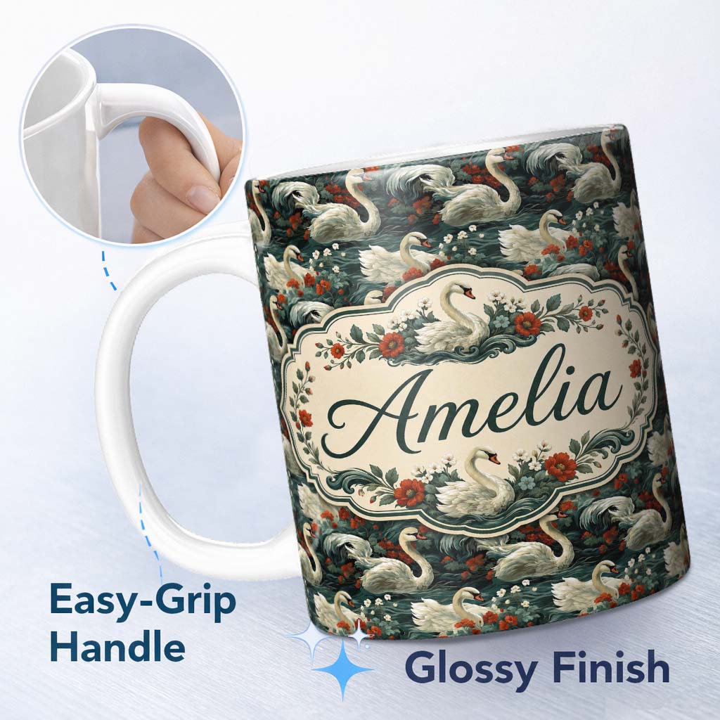 Personalized Custom Name Dark Swan Floral Water Garden Seamless Pattern Vintage Nature 11oz Ceramic Coffee Tea Mug White Large Handle