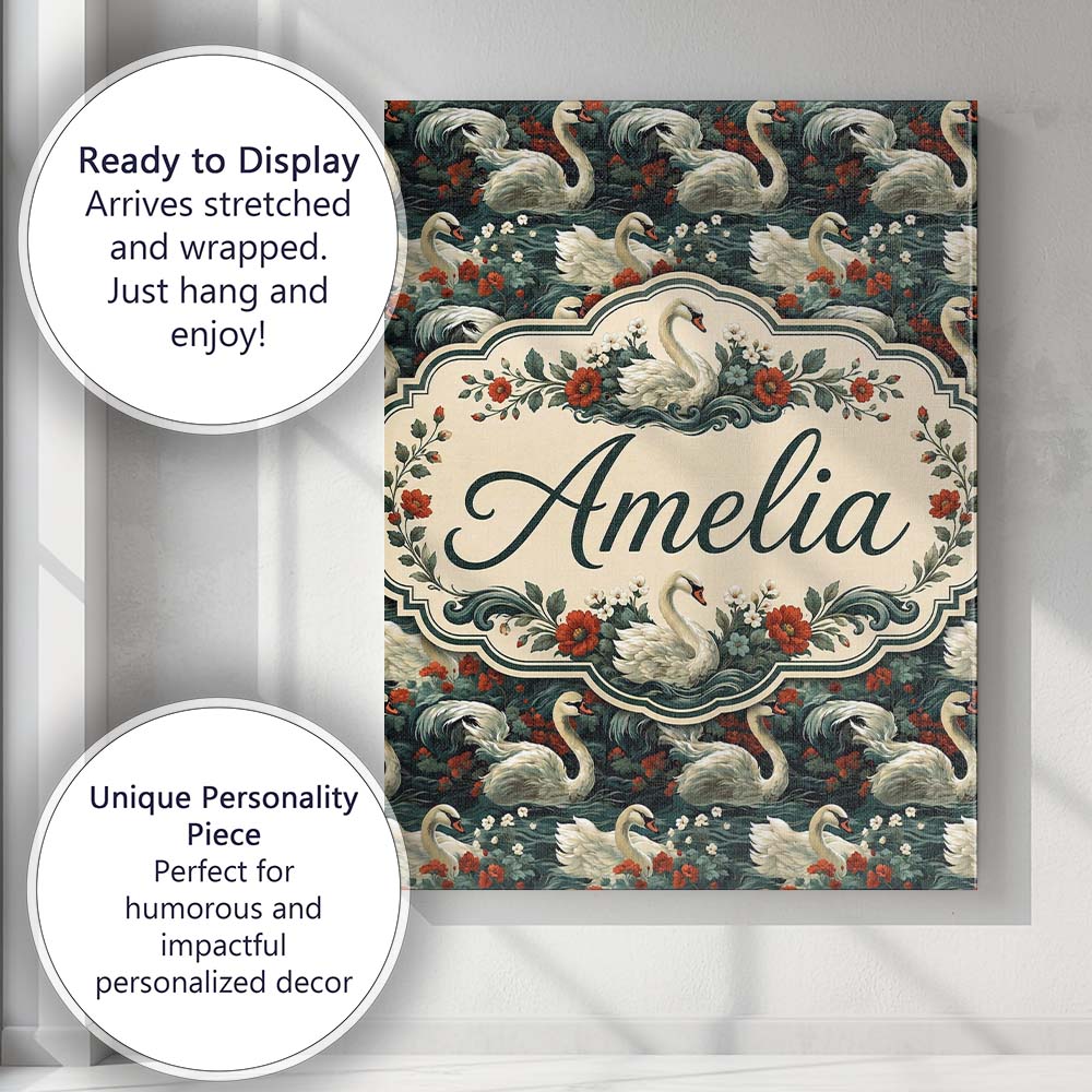 Personalised Name Dark Swan Floral Water Custom Unique Gift Idea Elegant Feature Canvas Wall Art Print Decor Picture Ready to Hang
