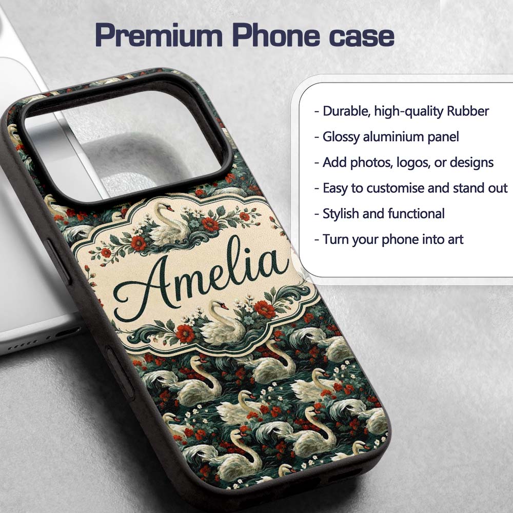 Dark Swan Floral Water Garden Seamless Pattern Custom Name Protective Phone Case Mobile Cover Durable Everyday Smartphone Shock Resistant
