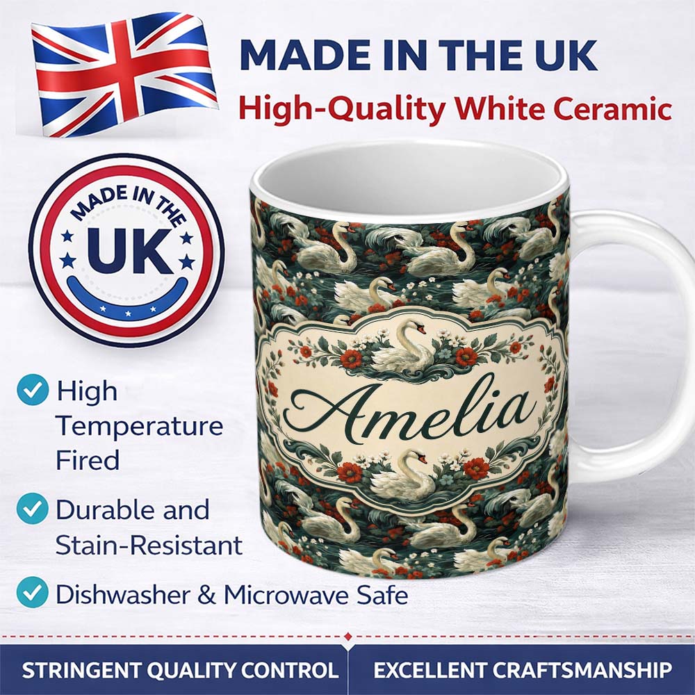 Personalized Custom Name Dark Swan Floral Water Garden Seamless Pattern Vintage Nature 11oz Ceramic Coffee Tea Mug White Large Handle