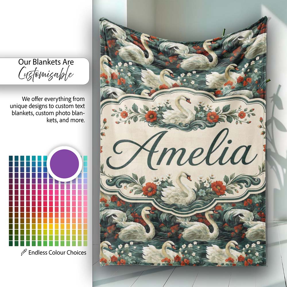 Dark Swan Floral Water Garden Seamless Pattern Vintage Nature Personalised Custom Name Super Soft Fleece Blanket Bed Sofa Throw